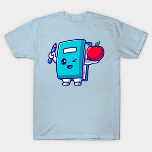 Cute Book Holding Pencil And Apple Cartoon T-Shirt